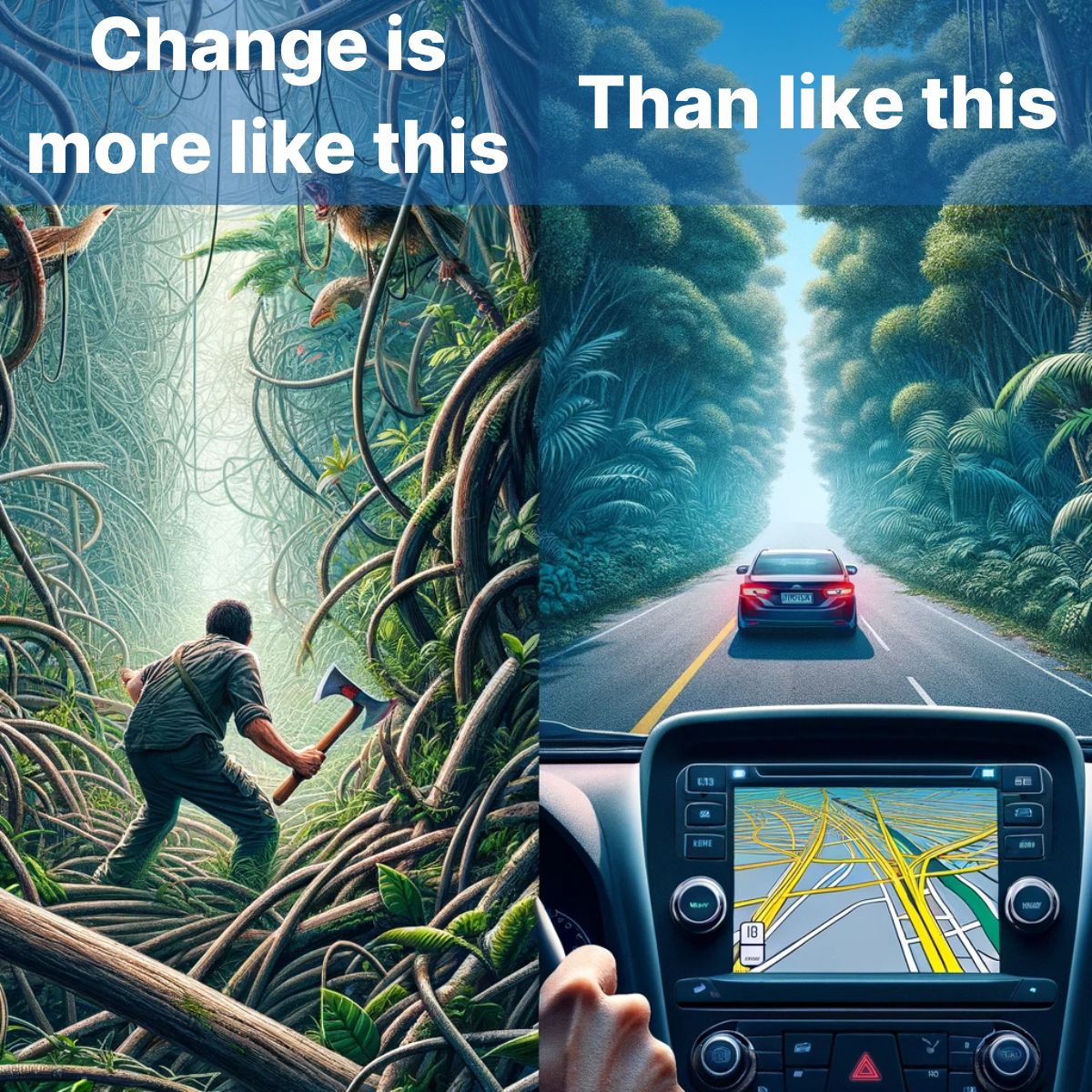 stephanhuez's tweet photo. 💡Change is more like crossing the jungle on foot armed with a machete than travelling by car on well-marked roads.

You know you want to get to someplace, but in most cases, you can only decide a few steps ahead of where you are now. 

Because of all the vegetation, you can’t se https://t.co/XiWLBTkilW