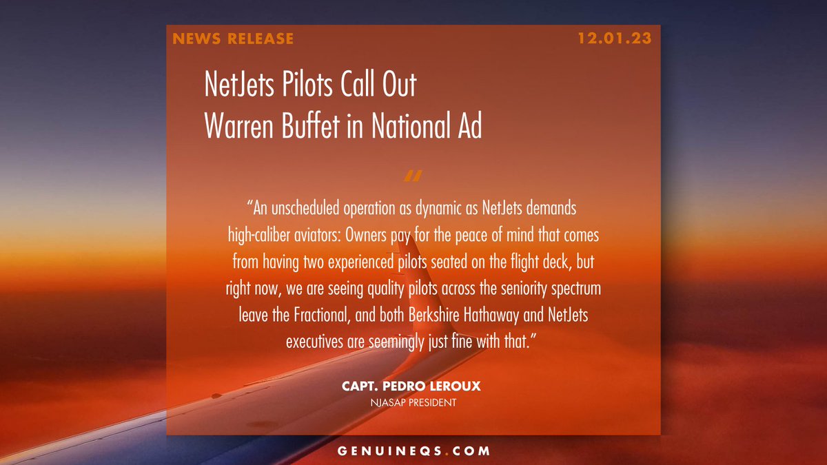 NJASAP's tweet photo. As a complement to its content on the front page of today’s @WSJ, NJASAP has issued a news release that shares additional commentary on #BerkshireHathaway and #OnlyNetJets executives seeming lack of concern for the loss of its competitive footing in the pilot marketplace. // https://t.co/jjhLyIHq1q // #NotCompetitive #PilotShortage #Aviation