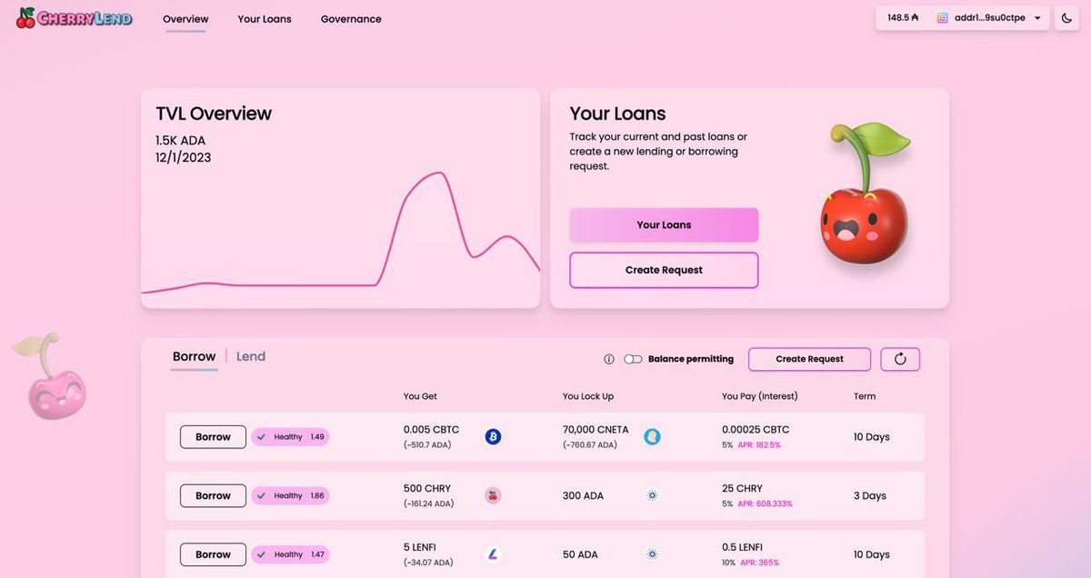 NovaFinance_io's tweet photo. We’re excited to announce CherryLend is now live on Cardano mainnet! 🔥

✅ 11 supported tokens 
✅ Earn CHRY for each loan 

Thanks to our community for the support 🍒

Lend now 🧃👇
https://t.co/UfPP8dt8Wc https://t.co/tOa7aLWDxD
