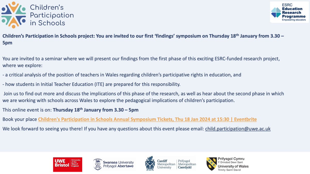 UWE Education & Childhood Research Group (ECRG) (@uwe_education) on Twitter photo Save the date - Thursday 18th January 2024 3:30-5pm!
Findings will be presented from the first phase of an ESRC-funded research project around children's participation in schools!
Book your online place now: eventbrite.co.uk/e/childrens-pa… Save the date - Thursday 18th January 2024 3:30-5pm!
Findings will be presented from the first phase of an ESRC-funded research project around children's participation in schools!
Book your online place now: eventbrite.co.uk/e/childrens-pa…