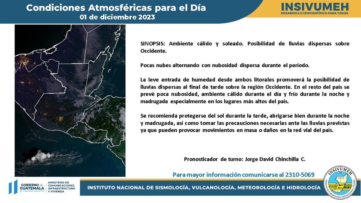 Para este día, el INSIVUMEH prevé un ambiente cálido y soleado. Posibilidad de lluvias dispersas sobre Occidente. ⬇️

#ClimaGT