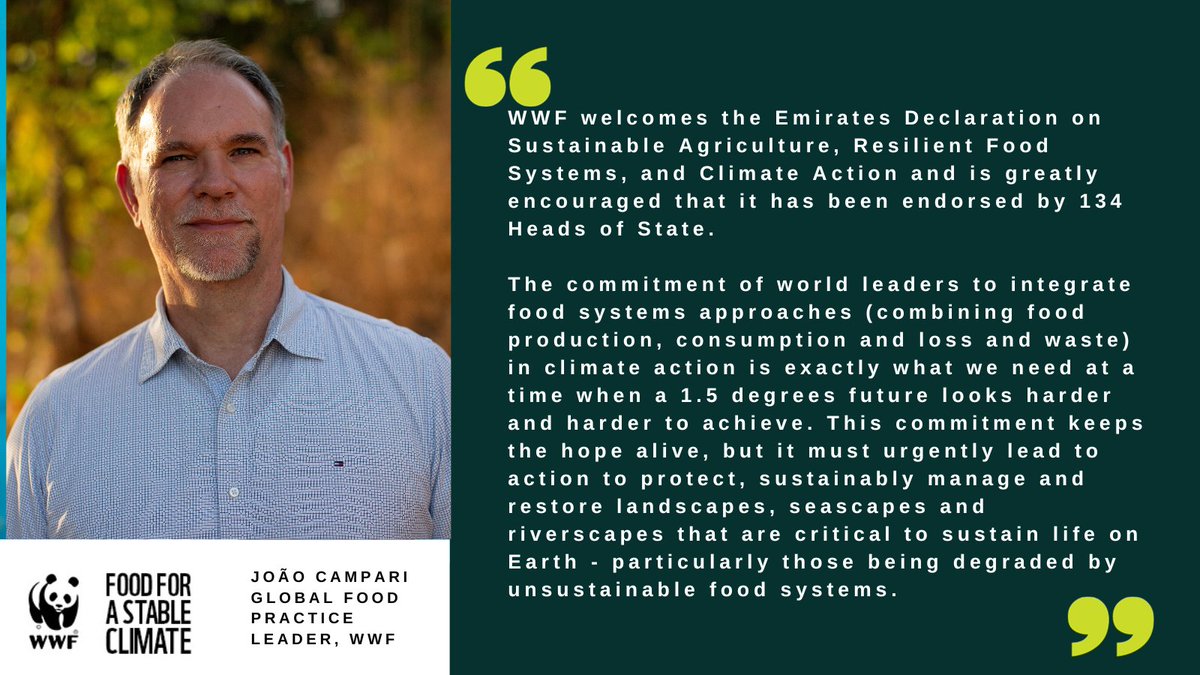 Greatly encouraged by Emirates Declaration on Food at #COP28 - signed by
🗺️ 134 Heads of State covering ♨️75% of food-based GHGs &amp;🥗70% of food consumed
But the commitment MUST translate to immediate action on ground &amp; in water. Read WWF full reaction 👇
wwf.panda.org/?10232441/Lead…