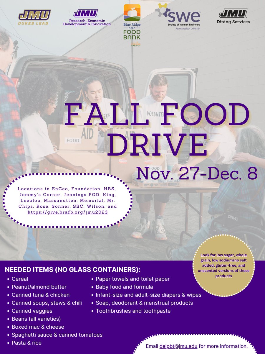 Happy Friday, #JMU! Today is a great day to donate to the #JMUResearch Fall Food Drive. The local branch of @BRAFB serves approximately 24,300 neighbors each month, so the shelf stable items or monetary donations you gift to will have a huge impact on our community. 1/2