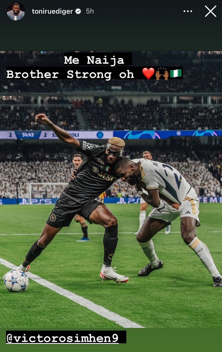 OneJoblessBoy's tweet photo. Mutual respect always!

Between African Brothers, Victor Osimhen and Antonio Rüdiger 🇳🇬🇸🇱 https://t.co/PcMnWULm6m