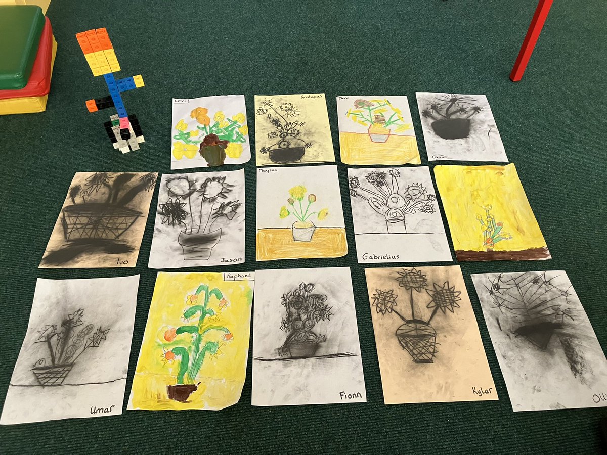 Interpretations of Van Gogh’s Sunflowers 🌻 in 2nd class today using a choice of paint, blocks, oil pastels and charcoal 💛