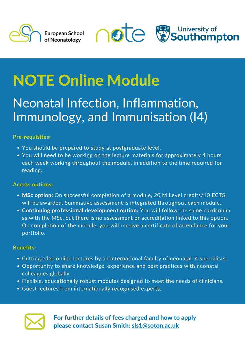 Apply now for the NOTE Online Module 'Neonatal Infection, Inflammation, Immunology, &amp; Immunisation', starting May 2024. Led by Profs. Claus Klingenberg, Eleanor Molloy, Christoph Härtel, &amp; Eric Giannoni. More info &amp; contact details👉espr.eu/news/news-deta… esn-education.org