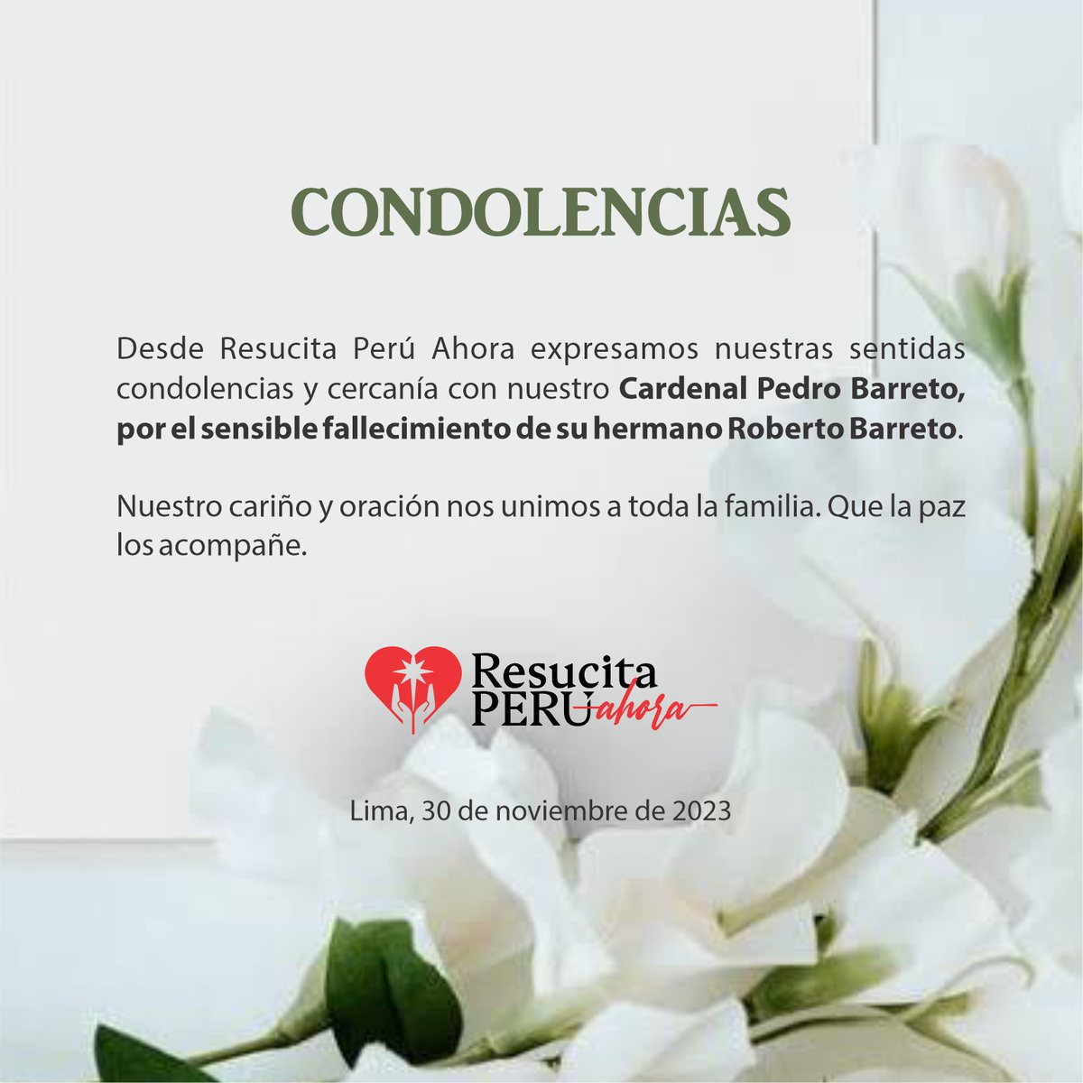 Desde Resucita Perú Ahora expresamos nuestras sentidas condolencias y cercanía a nuestro Cardenal Pedro Barreto, por el sensible fallecimiento de su hermano Roberto Barreto. Nos unimos en oración por su eterno descanso. 📷