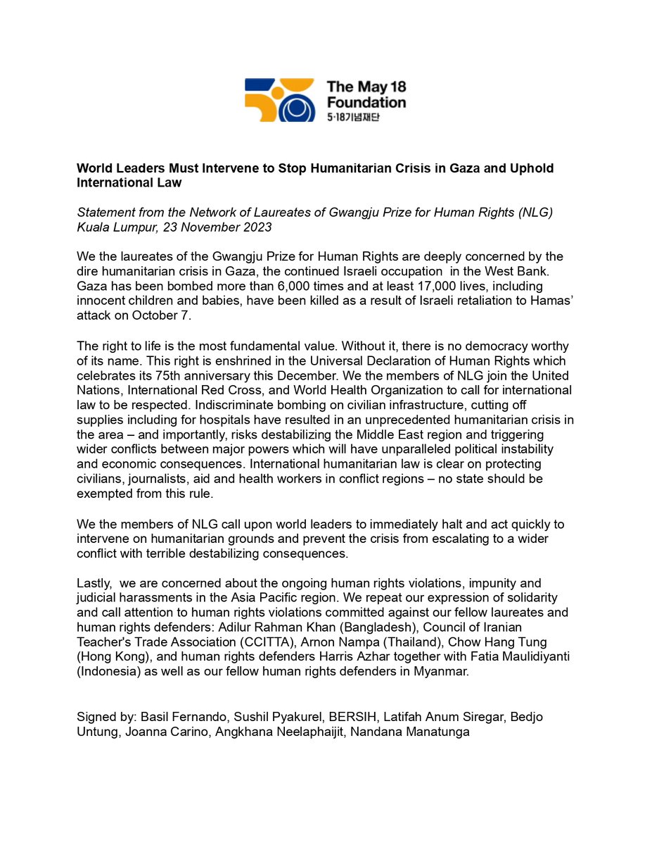 KontraSupdates's tweet photo. 📢✊Solidarity Statement from the Network of Laureates of Gwangju Prize for Human Rights (NLG) to Call Attention to Human Rights Violations Committed Against Human Rights Defenders in Asia, including for Fatia Mulidiyanti and Haris Azhar.

#FreeFatiaAndHaris
#StopCriminalization https://t.co/D2cWjMGSwp