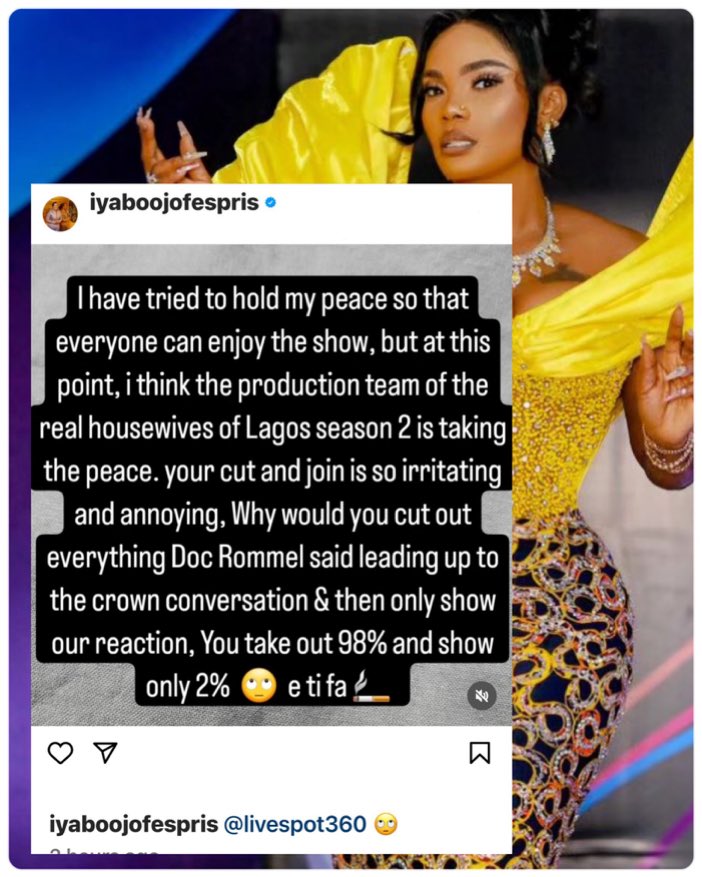BvoOfficial's tweet photo. Iyabo Ojo has started blaming production like they put those words in her mouth 😂😂😂

#RHOLagos https://t.co/VcFPrLewpn