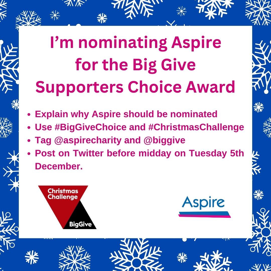 I’d like to nominate <a href="/AspireCharity/">Aspire</a> for the <a href="/BigGive/">Big Give</a> #BigGiveChoice award because they do an amazing job supporting the 50,000 people living with #SpinalCordInjury in the UK 
#ChristmasChallenge