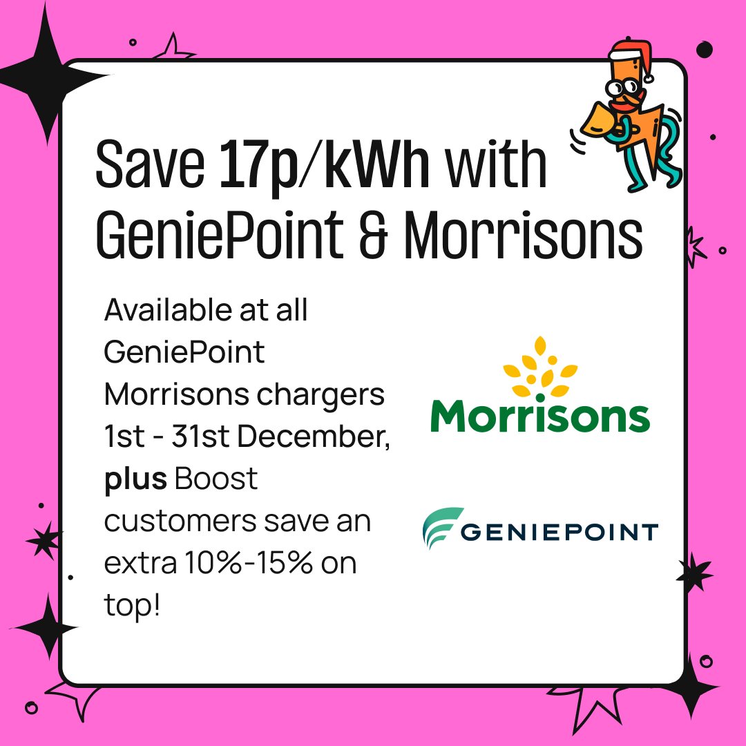 Save 17p/kWh on peak charging and 16p/kWh on off-peak charging at <a href="/GeniePointEV/">GeniePoint</a>  <a href="/Morrisons/">Morrisons</a> chargers from 1.12.23 to 31.12.23 with Bonnet - plus, save an additional 10% or 15% with a Bonnet Boost!

That means you could save £60+ in the lead up to Christmas🤩