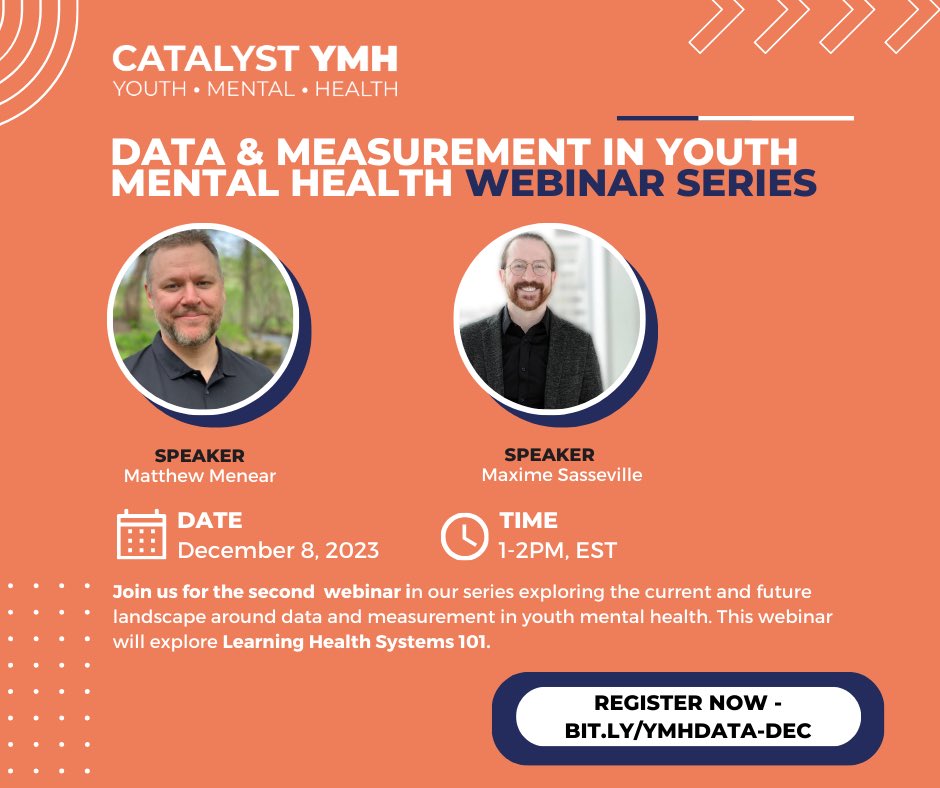 Join the Catalyst Youth Mental Health Network, on Friday, December 8th at 1PM ET, for our online discussion - Learning Health Systems 101. This second webinar in our series will be led by Matthew Menear &amp; Maxime Sasseville. Register now: us02web.zoom.us/webinar/regist…