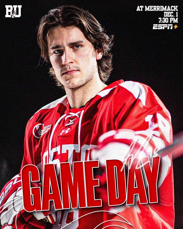 Game Day Graphic featuring posed photo of Shane Lachance. BU at Merrimack, Dec. 1, 7:30 PM on ESPN+