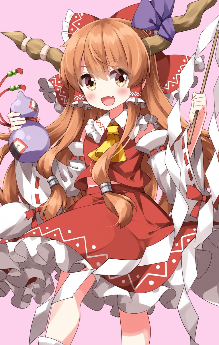 hakurei reimu ,ibuki suika 1girl solo horns hakurei reimu (cosplay) red bow long hair cosplay  illustration images