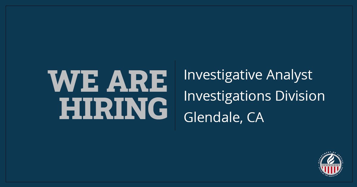We are hiring a GS 12–13 Investigative Analyst in our Los Angeles Office to collect and analyze law enforcement data along with other responsibilities. Apply by 12/13 @USAJOBS: usajobs.gov/job/762943900