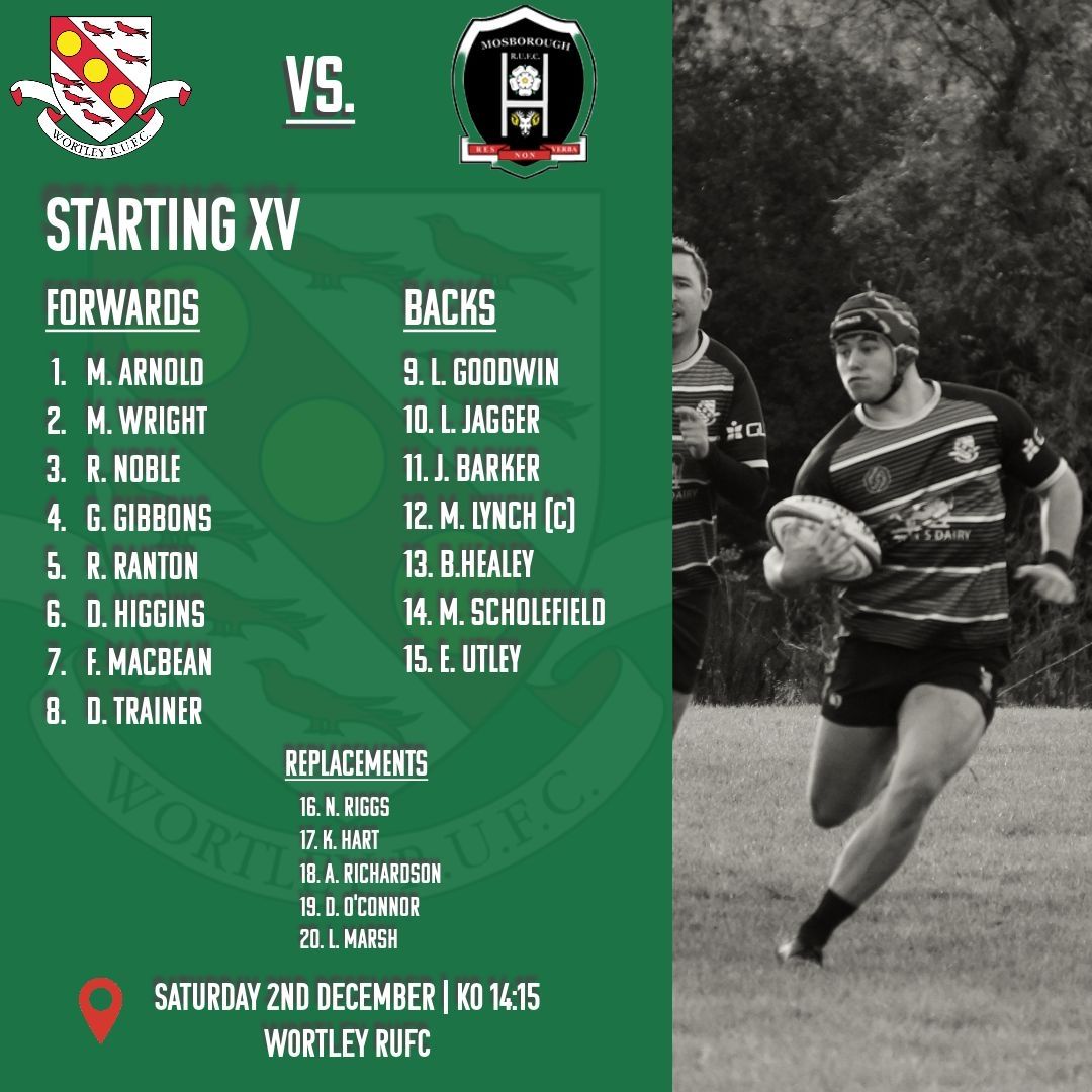 Here’s your team to take on Mosborough 2nds tomorrow. Where? Wortley RUFC (S35 7DH) When? 14:15 kick off