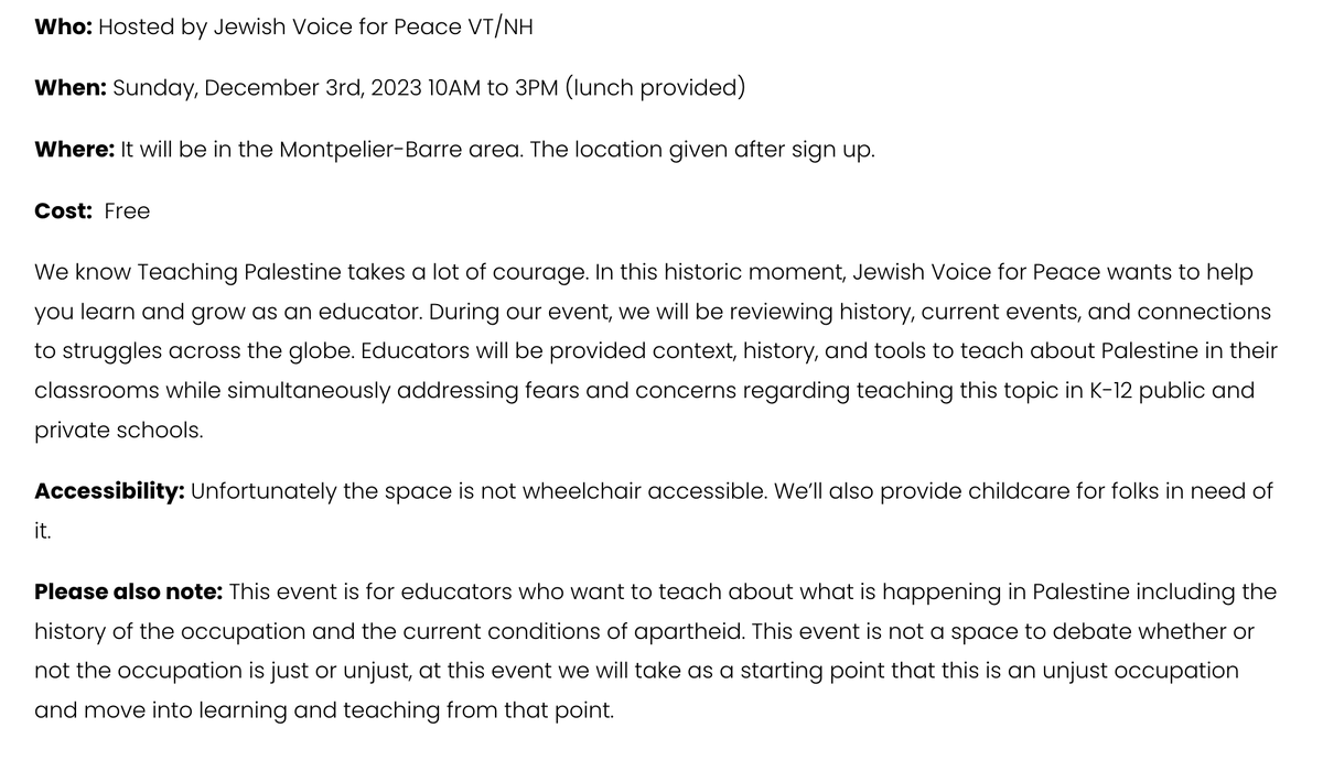 CounselorAdrian's tweet photo. Hey @BTVSchools are you kidding me?  This is outrageous!  "This event is for educators who want to teach about what is happening in Palestine including the history of the occupation and the current conditions of apartheid." #BTV #VT cc @RaychFeldman @noahmmayogi @vermontjews https://t.co/j2Ln7Sy3FI