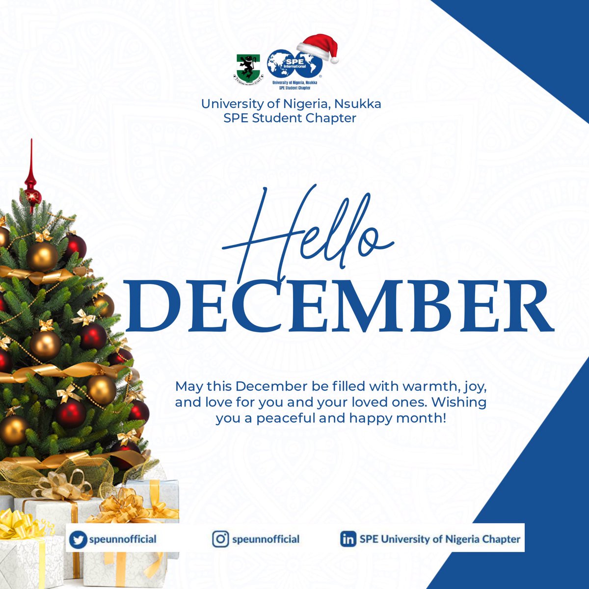 speunnofficial's tweet photo. 🥳🥳The Society of Petroleum Engineers (SPE) UNN Chapter welcomes you to the best and last month of the year 2023.  

✨You've come a long way, and we are proud of you 🫶🏼. 

We wish you a happy new month and season's greetings 🎄🎄.

#wearespe
#december 
#merrychristmas https://t.co/sBhZZocSom