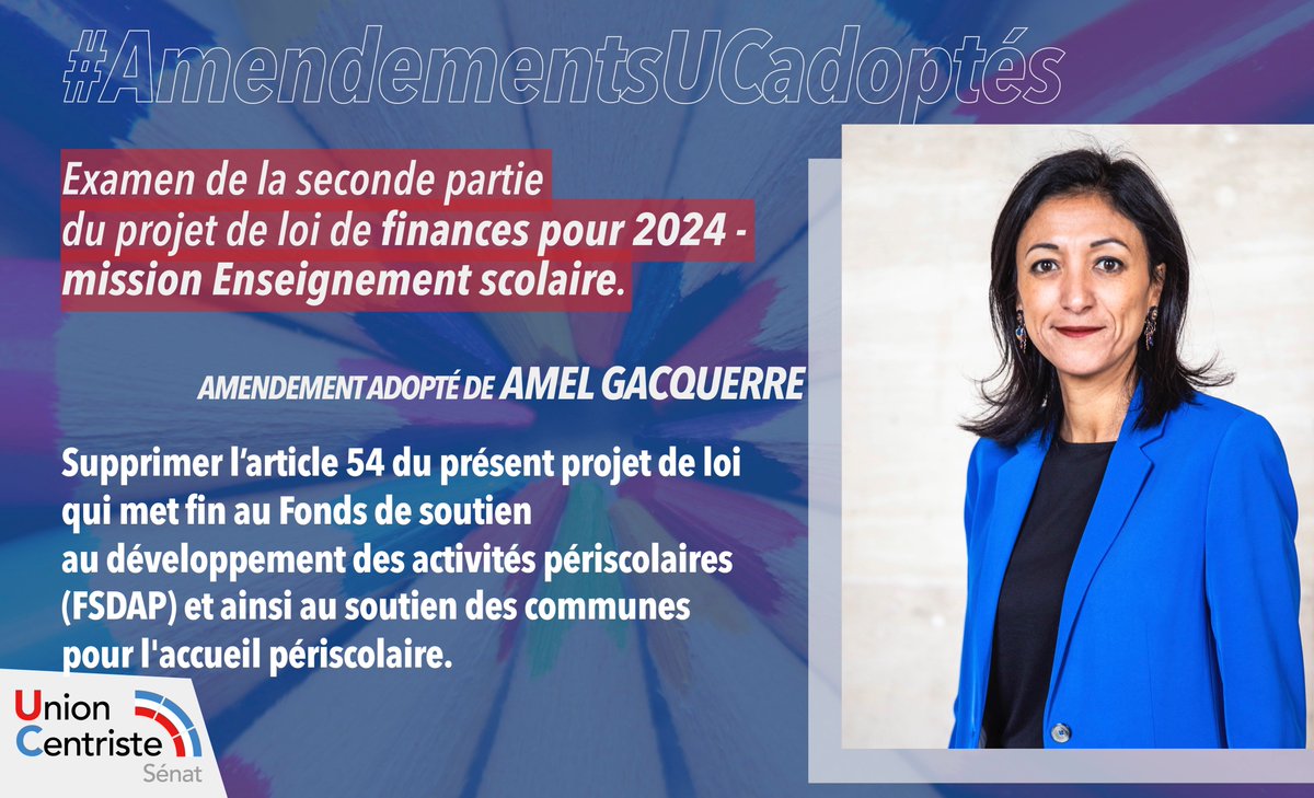 Sénateurs Centristes (@uc_senat) on Twitter photo #AmendementsUCadoptés
🔴 Seconde partie du projet de loi de finances pour 2024
💼 Mission Enseignement scolaire
✅ Amendement d'Amel Gacquerre <a href="/amel_gacquerre/">Amel GACQUERRE</a> adopté
👉 En savoir plus : senat.fr/enseance/2023-… #AmendementsUCadoptés
🔴 Seconde partie du projet de loi de finances pour 2024
💼 Mission Enseignement scolaire
✅ Amendement d'Amel Gacquerre <a href="/amel_gacquerre/">Amel GACQUERRE</a> adopté
👉 En savoir plus : senat.fr/enseance/2023-…