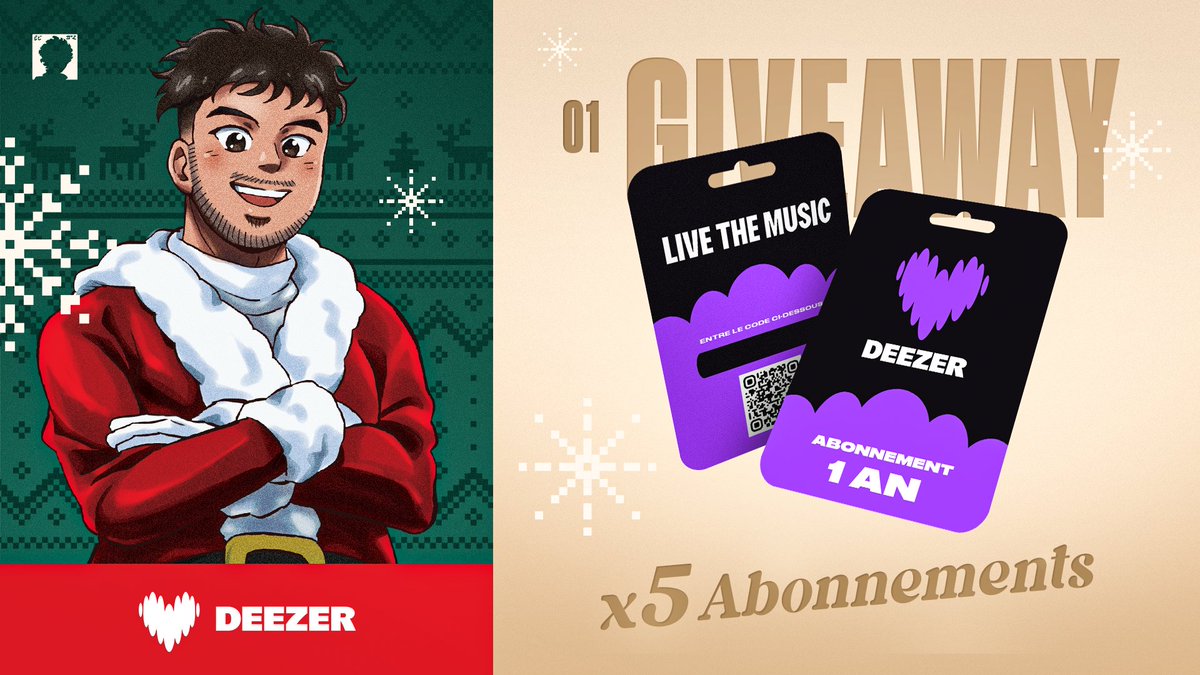 GotagaTV's tweet image. C’est parti pour le Jour 1 🤗

Tentez de gagner 5 abonnements @DeezerFR de 1 an 🎶

Pour participer, #RT &amp;amp; #Follow @DeezerFR et @GotagaTV

TAS le 8/12 (5 gagnants) | Produits offerts