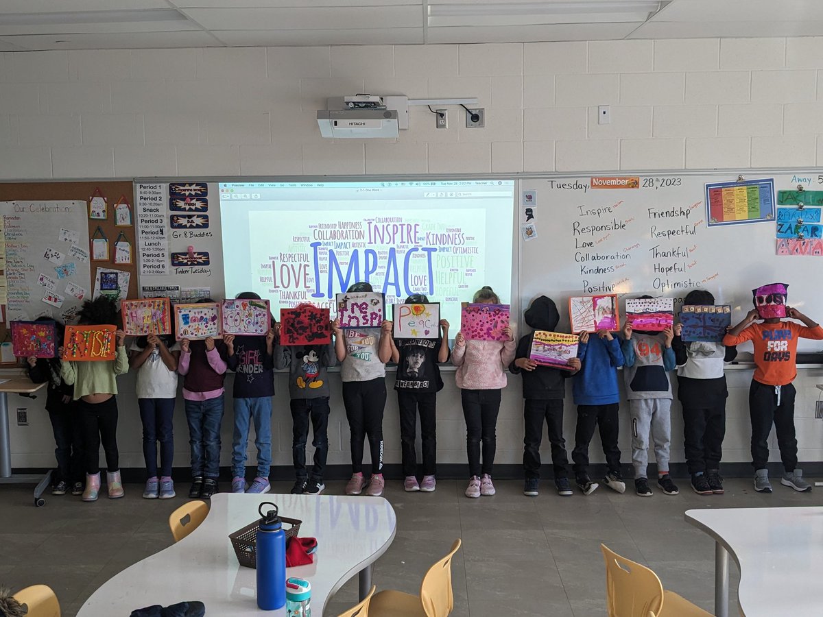MsThorogood's tweet photo. What is the POWER and IMPACT of words? Students chose one word that could change the world, or represent how they wanted to define their year ahead. Connecting our learning to whole school read alouds this week was very impactful in our classroom. @DesmondHDSB https://t.co/OPu9MJoWBW