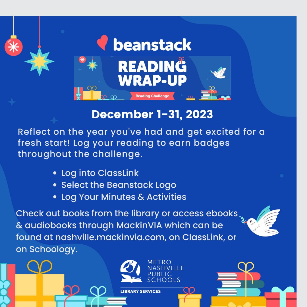 Reflect on the year you've had and get excited for a fresh start! Log your reading to earn badges throughout the Reading Wrap-Up Beanstack challenge! Log into ClassLink, select Beanstack, and log your minutes during December! <a href="/zoobeanreads/">Beanstack</a> <a href="/MetroSchools/">Metro Schools</a> #MNPSReads