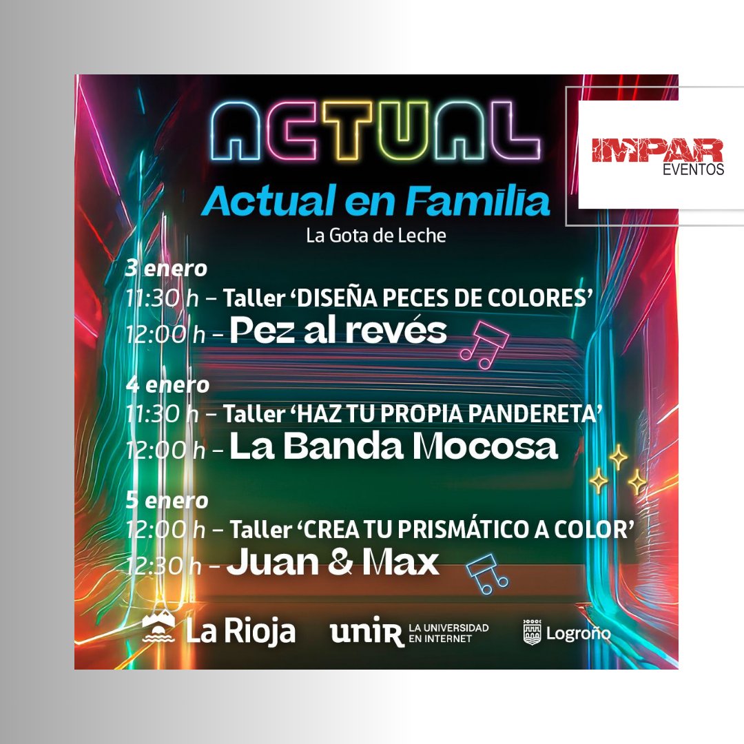 Impar_Eventos's tweet photo. En #Actual2024 también hay sitio para la diversión en familia 😄
📆 3, 4 y 5 de enero
📍 @lagotadeleche_logrono
🎟️ https://t.co/mDAvI3gl49 https://t.co/BLJgl3v6T8