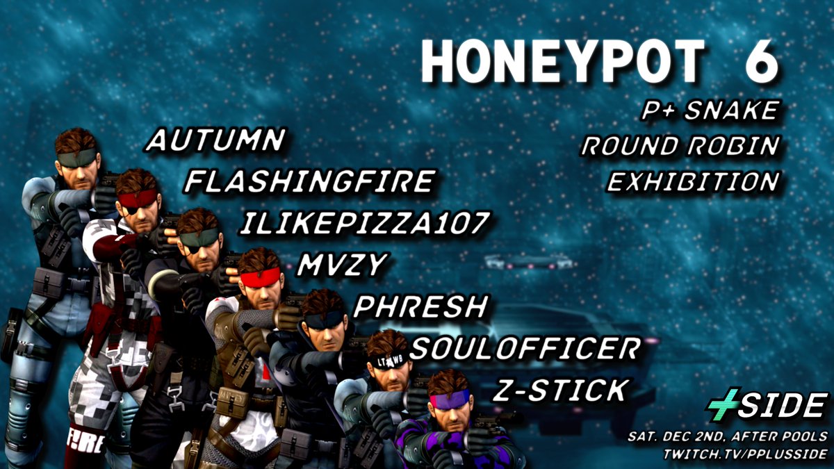 At <a href="/HoneypotQC/">The Honeypot Series</a> this weekend, we're proud to be hosting the 7-person P+ SNAKE ROUND ROBIN!
This exhibition match features both prominent Snake mains and secondaries from across the country duking it out live on twitch.tv/PPlusSide Saturday, December 2nd after the pools action!