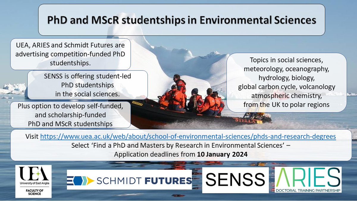 PhD and MScR studentships available in the School. See more at uea.ac.uk/web/about/scho… Deadlines from 10 January 2024. #UEAScience