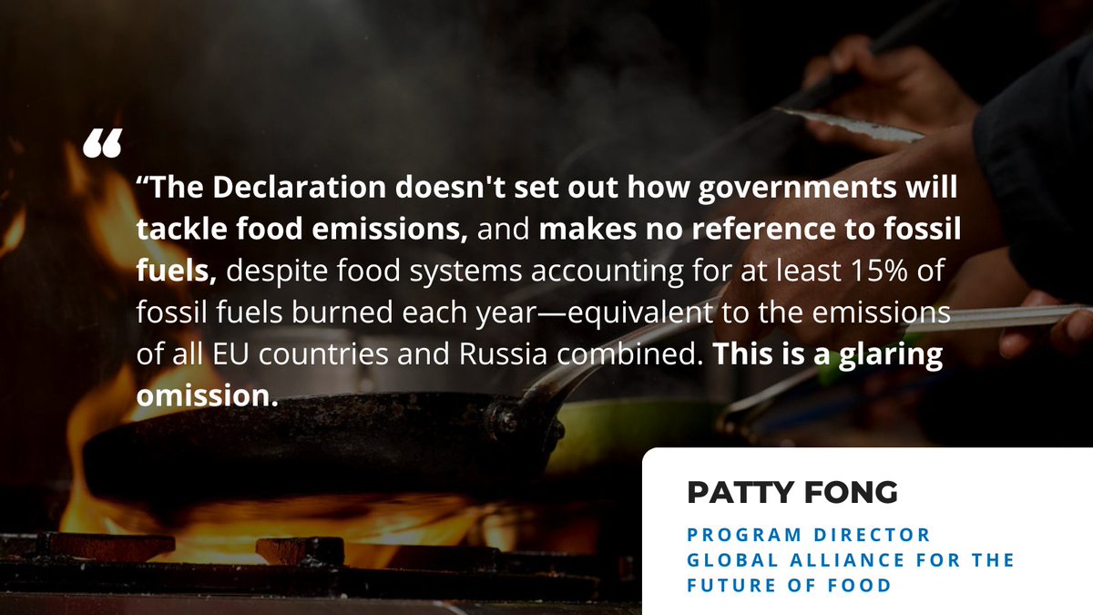 The new Emirates Declaration on Food + Farming doesn't mention fossil fuels. This is a glaring omission! But over 120 countries have pledged to integrate food + farming into their domestic climate action plans, which is welcome and long overdue. #COP28 bit.ly/4a2t2Ht