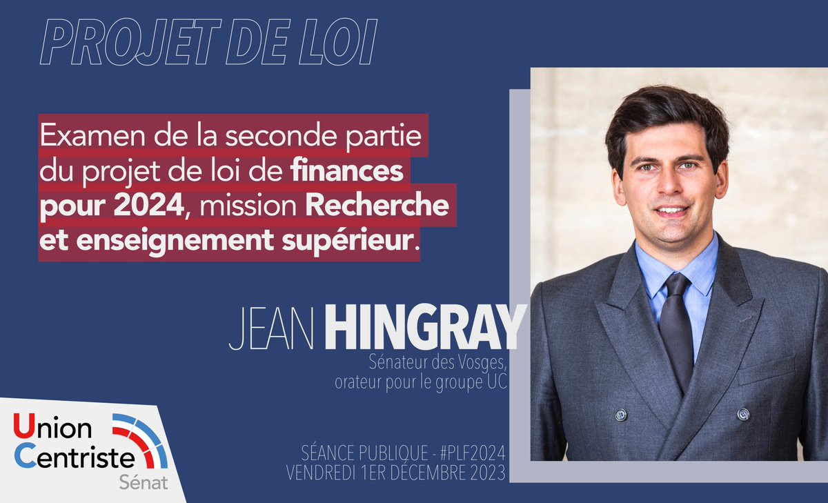 Sénateurs Centristes (@uc_senat) on Twitter photo #DIRECTSÉNAT #PLF2024
▶️ Vendredi 1er décembre
🔴 Examen de la seconde partie du projet de loi de finances pour 2024
💼 Mission Recherche et enseignement supérieur
💬 <a href="/amel_gacquerre/">Amel GACQUERRE</a> rapporteure pour avis
💬 <a href="/JeanHingray/">Hingray Jean</a> orateur pour le groupe UC #DIRECTSÉNAT #PLF2024
▶️ Vendredi 1er décembre
🔴 Examen de la seconde partie du projet de loi de finances pour 2024
💼 Mission Recherche et enseignement supérieur
💬 <a href="/amel_gacquerre/">Amel GACQUERRE</a> rapporteure pour avis
💬 <a href="/JeanHingray/">Hingray Jean</a> orateur pour le groupe UC