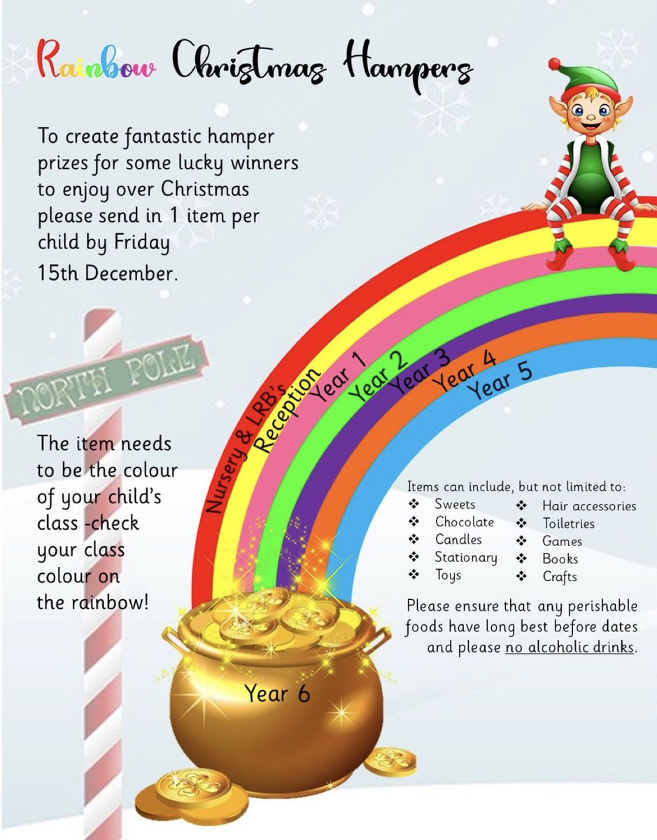 🌈 They're back! Rainbow Hamper Raffle 🌈 - Please check the rainbow to find your child's colour, can all donations be in by Friday December 15th please. - Perishables MUST have long best before dates 📅 - Raffle ticket sales will go live evening of Friday 15th December🎟️