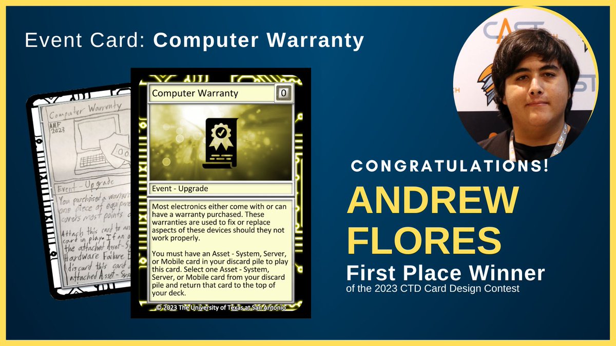 Exciting News!🎉 Our 2023 Cyber Threat Defender Card Design Contest has concluded & we're thrilled to announce the 1st Place Winner: ANDREW FLORES! 🏆👏 We can't wait to feature his card in CTD: Digital. A big thanks to everyone who participated! #CardDesignWinner #cybersecurity