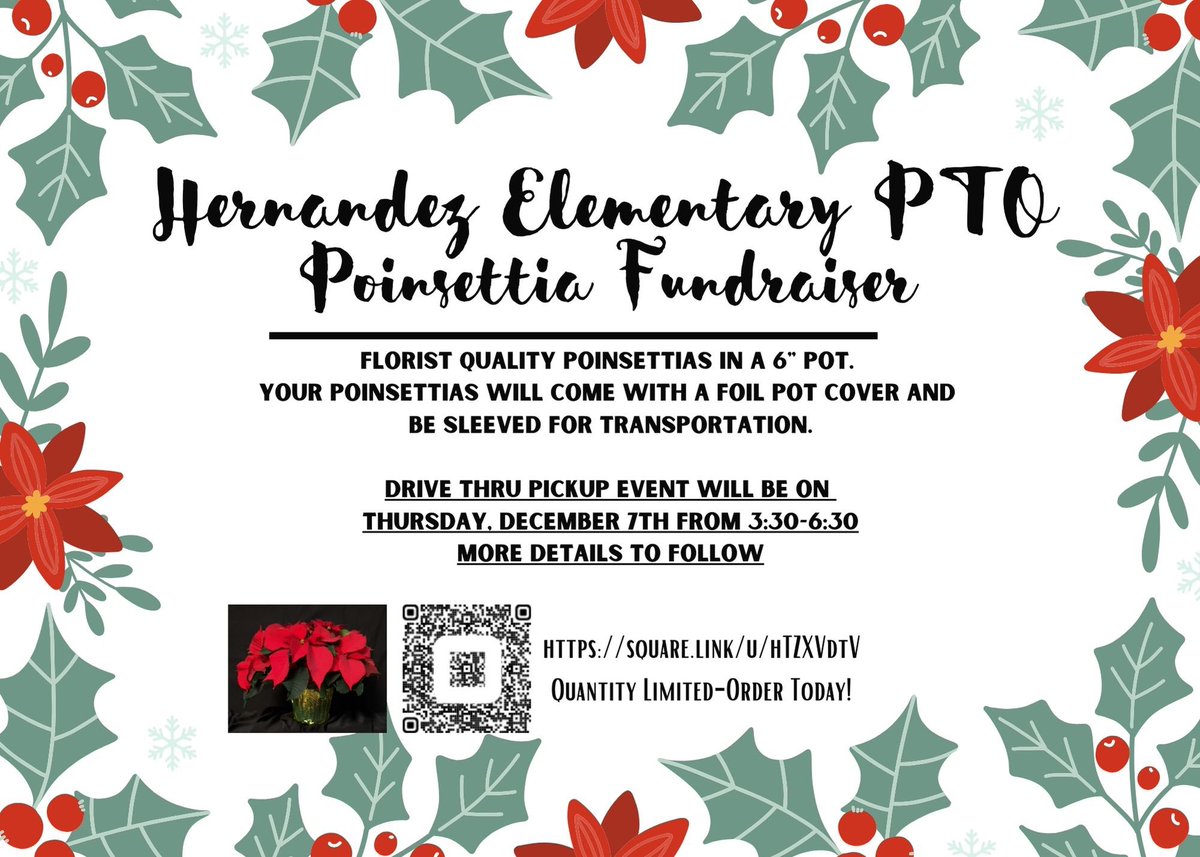 Hernandez Elementary PTO (@heropto) on Twitter photo There’s still time! Please consider supporting Hernandez Elementary PTO’s Fall Poinsettia Fundraiser
Pickup Dec 7th
Link to order:
square.link/u/hTZXVdtV
<a href="/HernandezSMCISD/">Hernandez Elementary</a>
<a href="/SanMarcosCISD/">San Marcos CISD</a> There’s still time! Please consider supporting Hernandez Elementary PTO’s Fall Poinsettia Fundraiser
Pickup Dec 7th
Link to order:
square.link/u/hTZXVdtV
<a href="/HernandezSMCISD/">Hernandez Elementary</a>
<a href="/SanMarcosCISD/">San Marcos CISD</a>