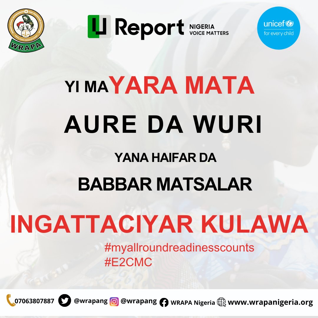 WRAPANG's tweet photo. Empower, educate, elevate: Join the campaign to end child marriage and create a world where every girl child can embrace their full potential.
@UNICEF_Nigeria
@UreportNigeria
#myallroundreadinesscounts #e2cmc https://t.co/TRwQtvQxnH