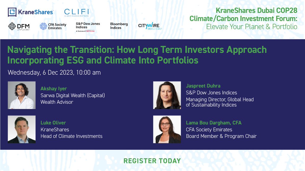 Akshay Iyer, Wealth Advisor at @SarwaCo, Jaspreet Duhra, Managing Director and Global Head of Sustainability Indices at @SPDJIndices, @LukeAOliver, Head of Climate Investments at @KraneShares, and Lama Bou Dargham, CFA, Board Member & Program Chair at @CFAEmirates, will share…