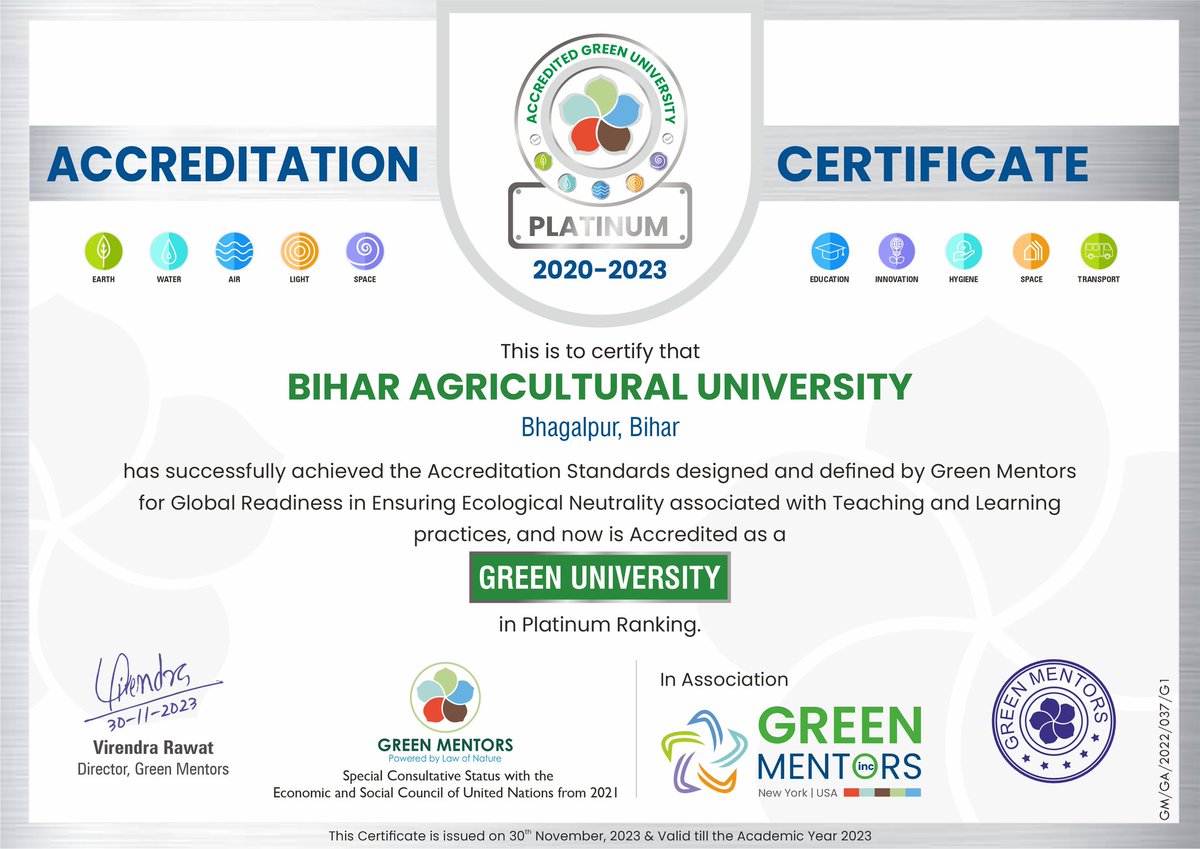Bau_sabour's tweet photo. We are proud to announce that Bihar Agricultural University, Sabour, Bhagalpur has achieved the standards for accredited green university and hereby accredited as Green University in Platinum Ranking. #bausabour #GreenCampus https://t.co/MHk1bf69VH