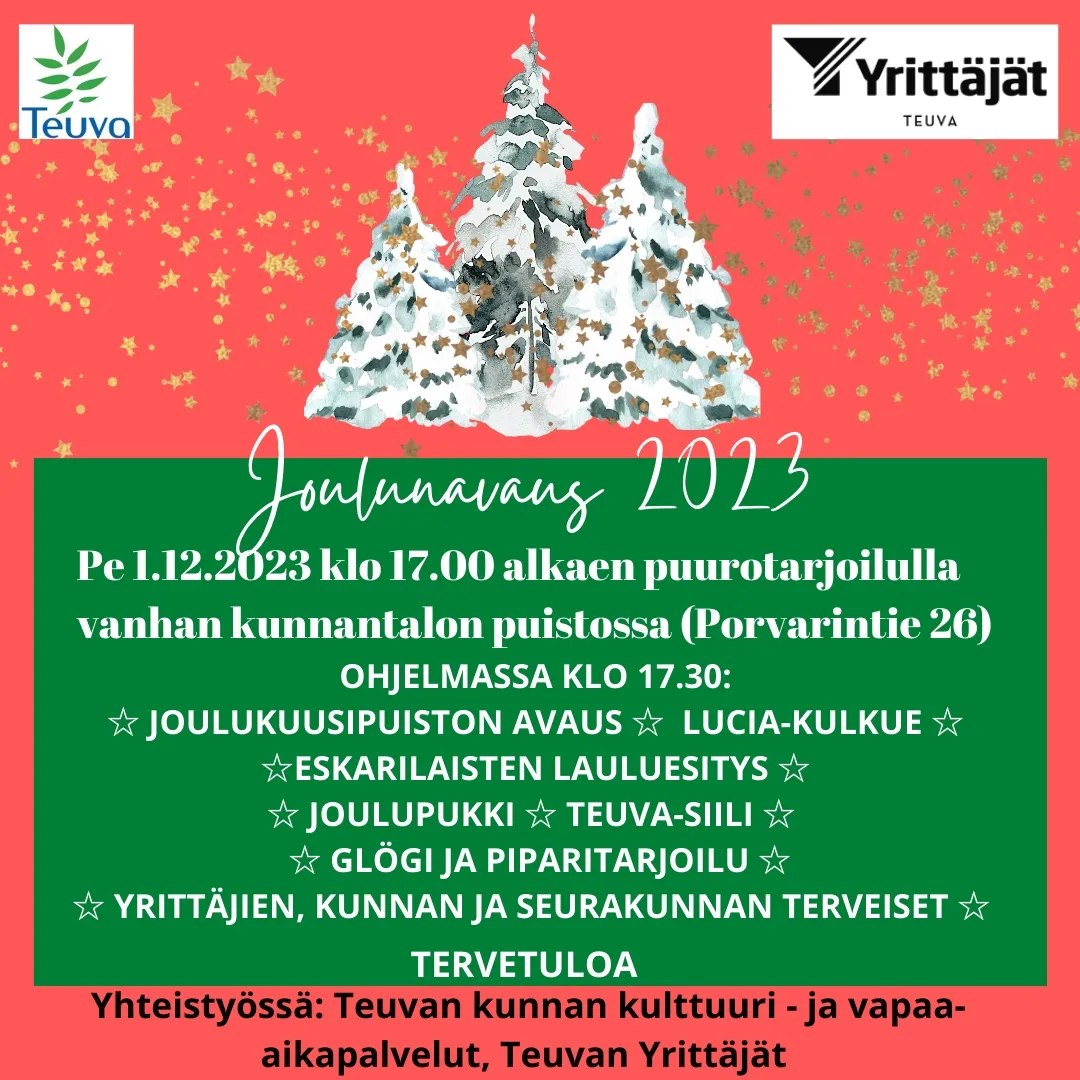 Teuvan joulunavaus tänään klo 17 alkaen puurotarjoilulla. Ohjelma alkaen klo 17.30.

Tervetuloa mukaan koko perheellä!
#teuvanyrittäjät 
#teuvankunta 
#eskaritalo
#kuusipuisto
#teuvallatapahtuu 
#teuvanjoulunavaus
#luciakulkue
#jouluterveiset