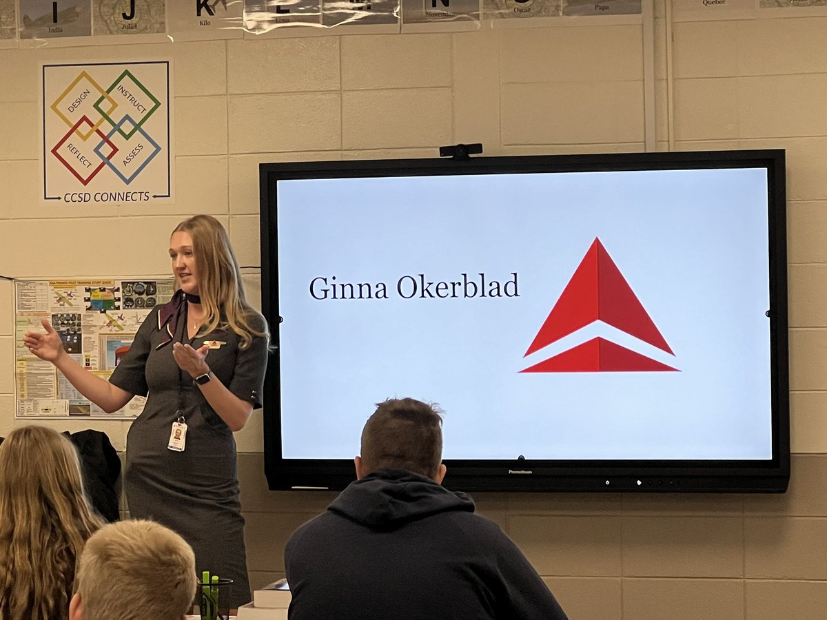 Loved having @Delta flight attendant Ginna Okerblad on campus this morning to speak to our C3 Aviation pathway students. Great info shared and real-life perspective! For info on the C3 Aviation Pathway check - igrad.cherokeek12.net/c3-academy #beACTIVE #C3Academy @CherokeeSchools