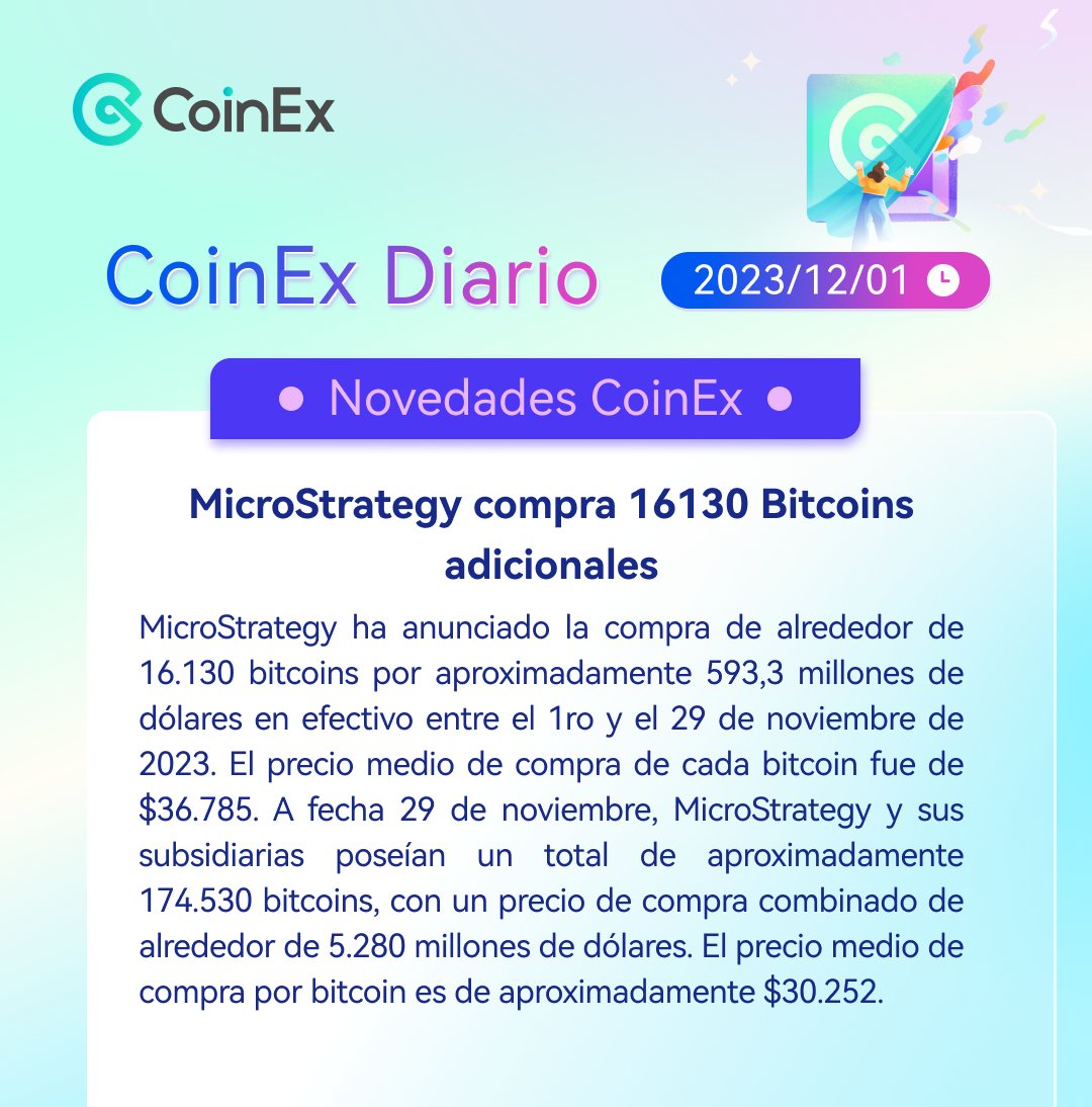 CoinExSpanish's tweet photo. 🗞️#CoinExDiario: ¡lo más novedoso en el mercado cripto hoy!

📈 $UNIBOT sube un 42% en 24 horas.
🔥MicroStrategy compra 16130 $BTC adicionales.

Descubre más detalles en nuestro reporte diario:
https://t.co/SWehA6A59P