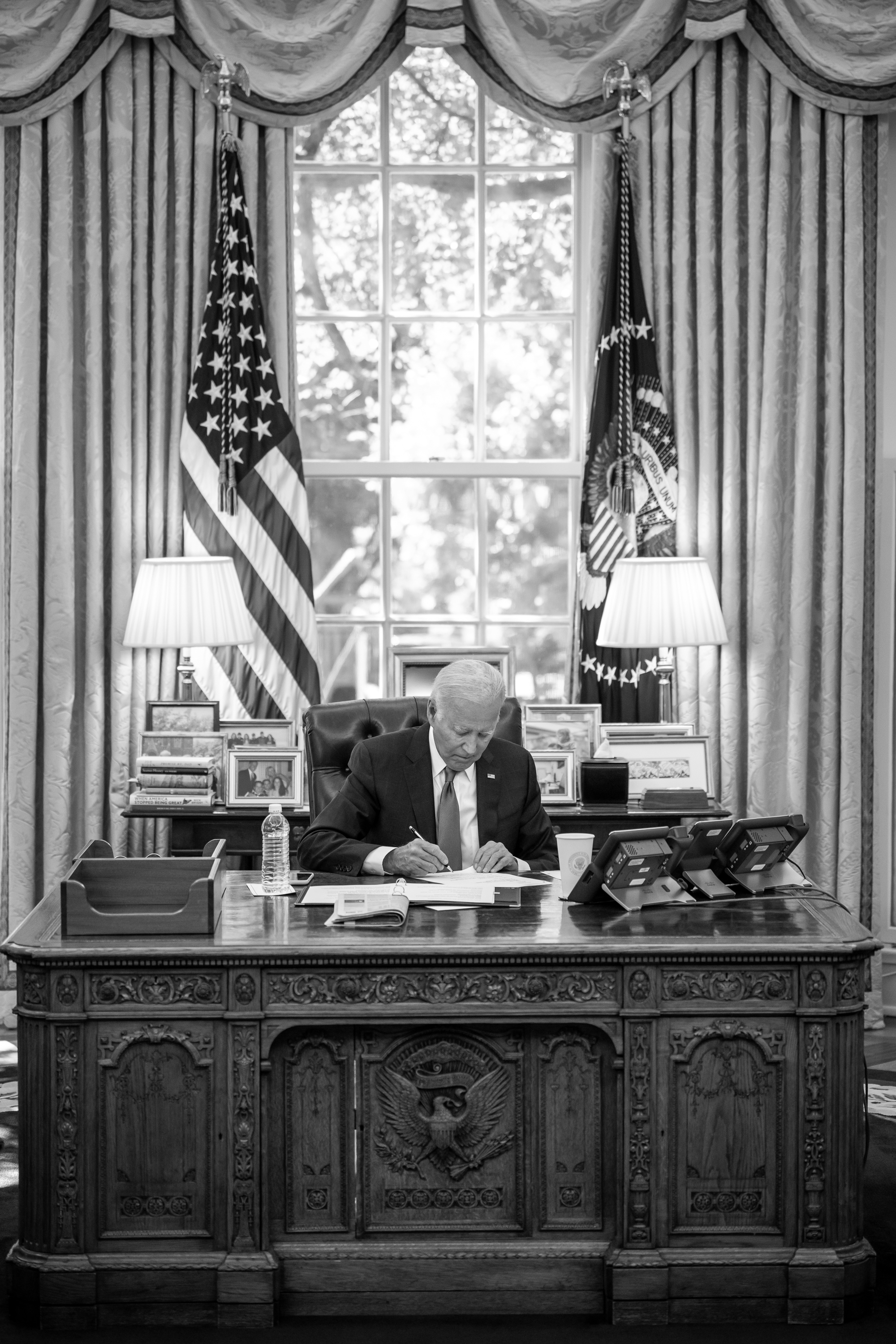 President Joe Biden meets with senior advisers and reviews remarks in the Oval Office.