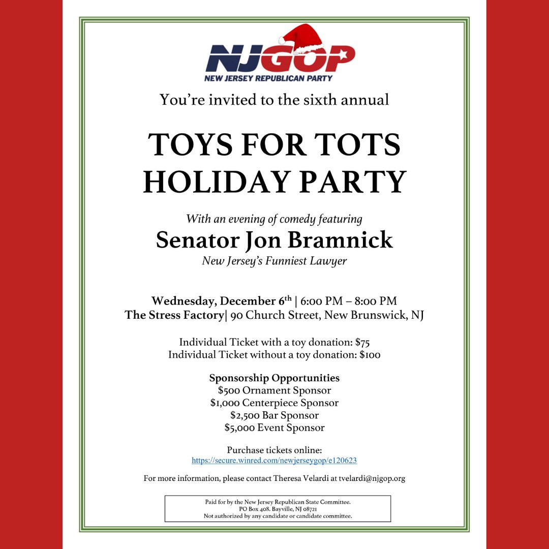 EBGOPNJ's tweet image. Join Us on Next Week on December 6th at 6PM at the Stress Factory in New Brunswick!

secure.winred.com/newjerseygop/e…