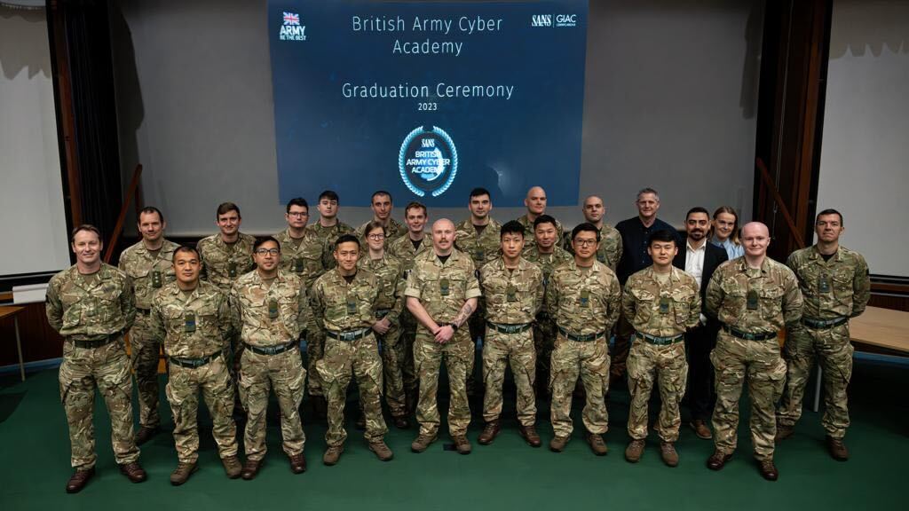 SANSEMEA's tweet photo. Congratulations to the recent graduates of the @BritishArmy Cyber Academy! They have successfully earned certifications including @CertifyGIAC #GFACT #GSEC #GSOC and #GCIH. Their achievements are not just individual milestones; they also exemplify exceptional teamwork. https://t.co/KbcZsAerxW