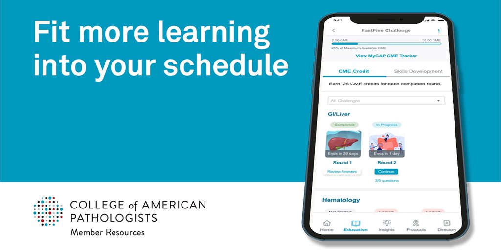 Pathologists's tweet photo. Test your knowledge and see how you compare to your peers on a variety of topics for CME or skills development with a #FastFiveChallenge, exclusive to MyCAP.
Discover MyCAP: https://t.co/f2G18muz3h https://t.co/UfeB4KAkML