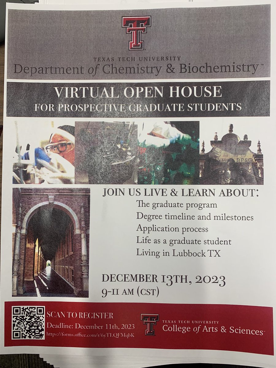 Hey are you still thinking about grad school? Or have undergrads thinking about it? Have Questions about West Texas and Texas Tech chemistry and Biochemistry? 
Visit with a Virtual open house by the Graduate Program forms.office.com/pages/response…