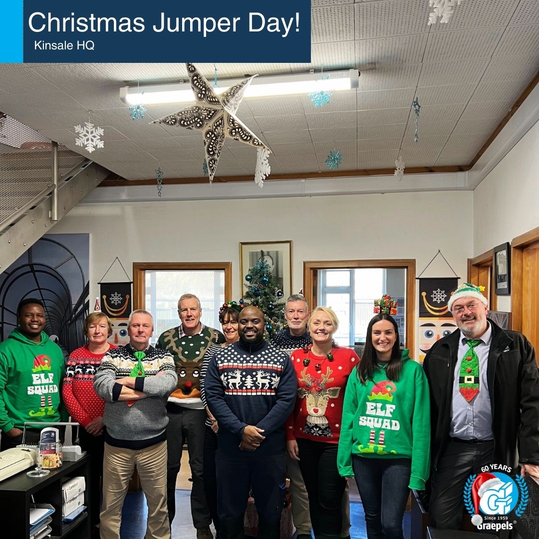 Graepels's tweet photo. Kicking off the festive season in style!🎄 💫 Christmas jumper day brought Christmas spirit to Graepels! The team raised some much-needed funds &amp; donations for cork penny dinners! Thanks to our team as always 💫🎄🥳🎉  #Graepels #December23 #Christmas #teamspirit https://t.co/Aj74MZdvZd