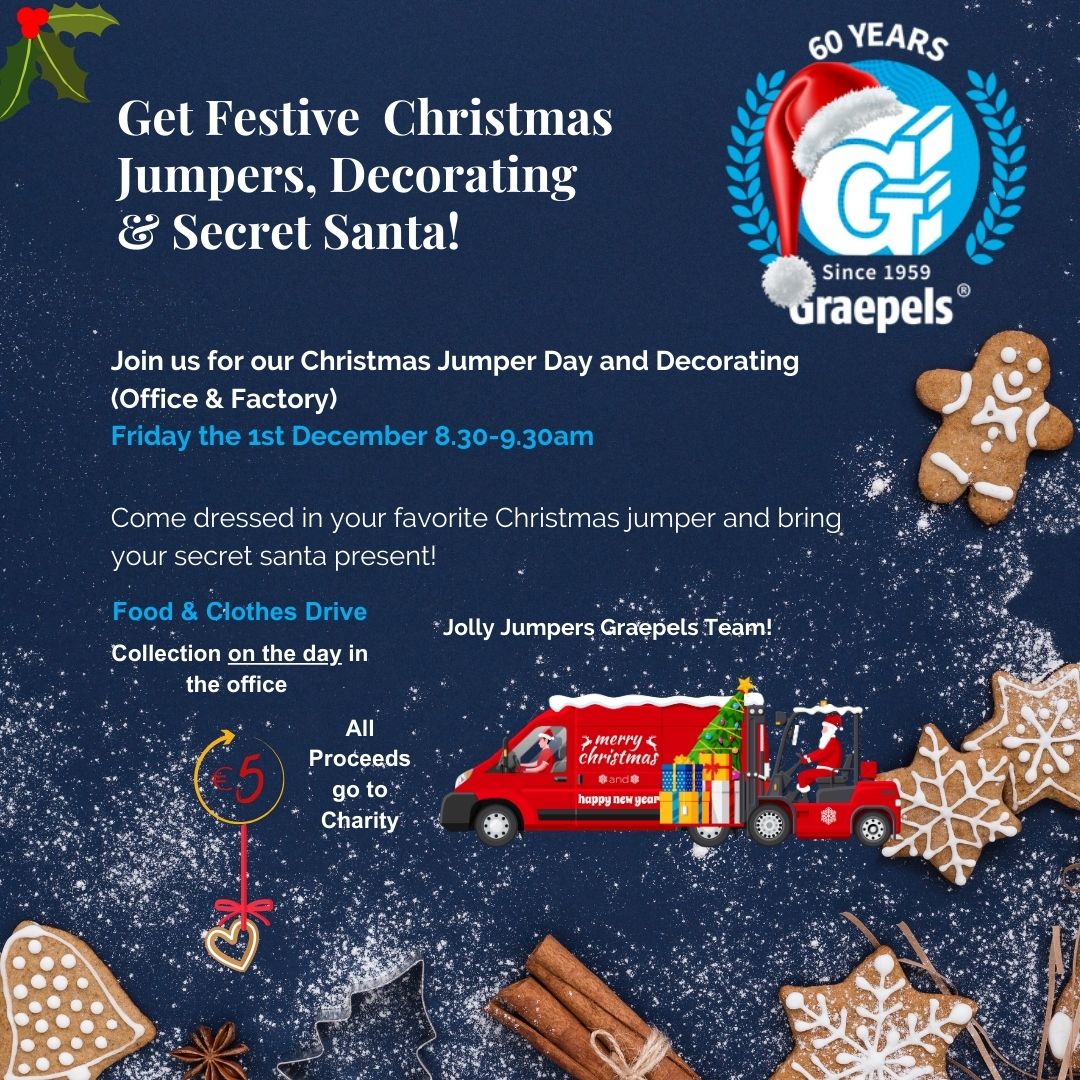 Graepels's tweet photo. Kicking off the festive season in style!🎄 💫 Christmas jumper day brought Christmas spirit to Graepels! The team raised some much-needed funds &amp; donations for cork penny dinners! Thanks to our team as always 💫🎄🥳🎉  #Graepels #December23 #Christmas #teamspirit https://t.co/Aj74MZdvZd