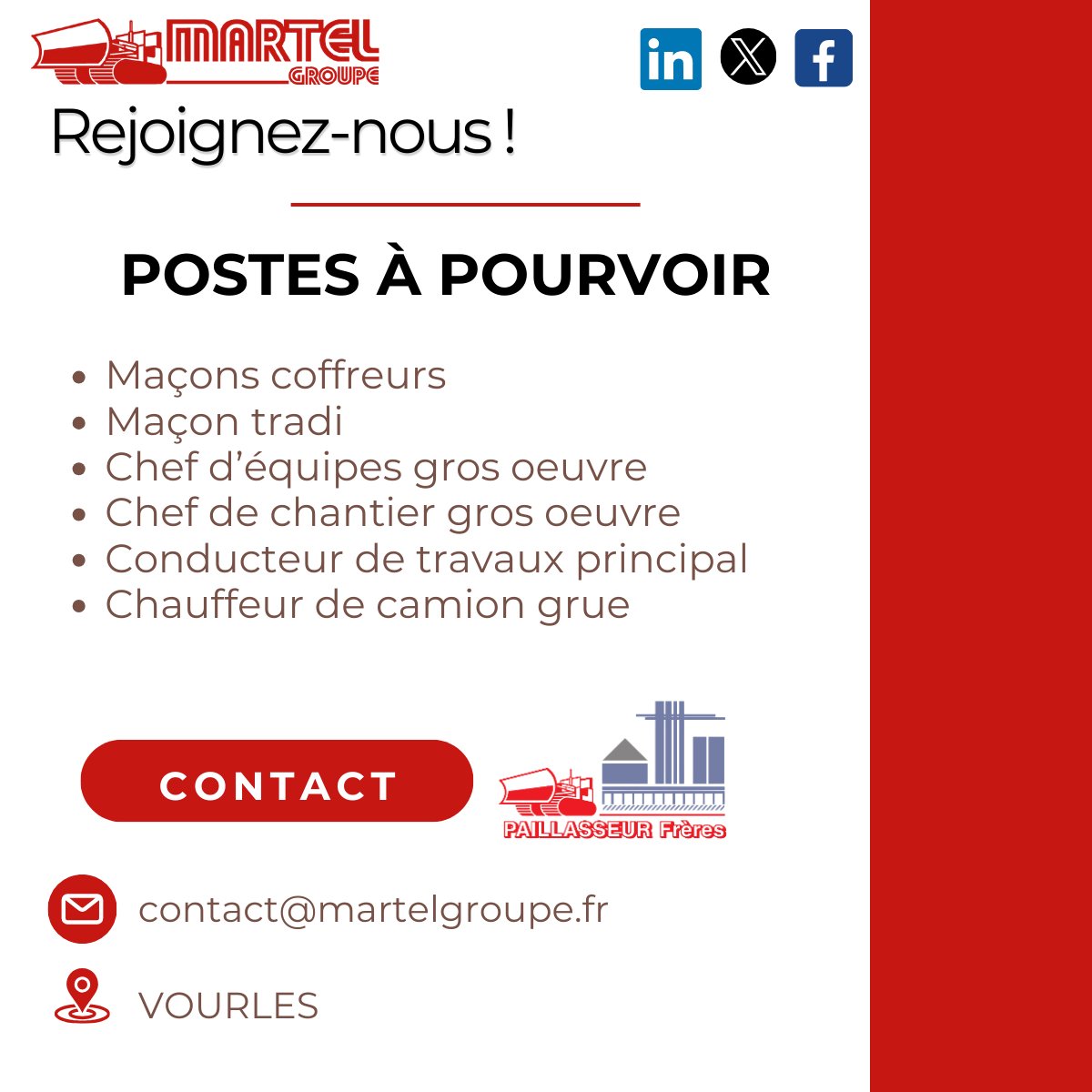 MARTEL Groupe recrute pour sa filiale PAILLASSEUR Frères.

📩 Envoyez votre CV à : contact@paillasseur.fr
📢 Postes à pourvoir dès que possible