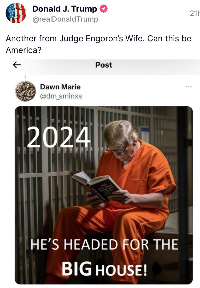 atensnut's tweet image. Why is Judge Engoron still presiding over any case involving Trump?   

This is  his wife’s post.