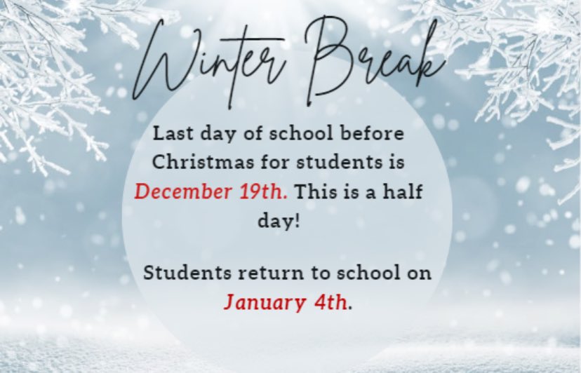 Colts: just a reminder of the upcoming dates for winter break. ☃️